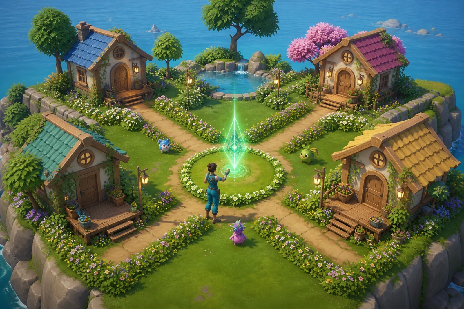 Four corner homes on a Sprite Garden island