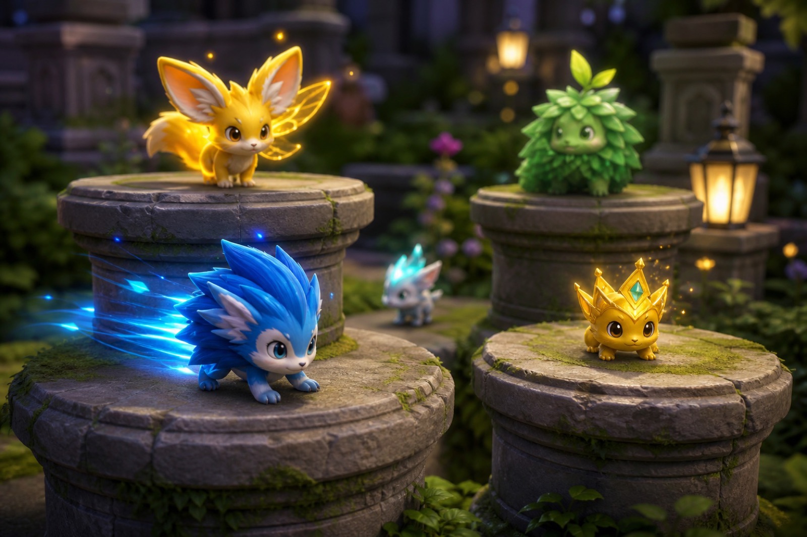 Sprites displayed on garden pedestals
